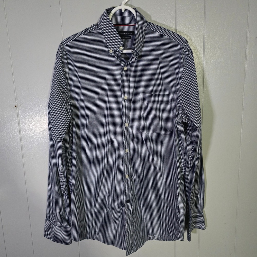 Tommy Hilfiger Men's M 15.5‎ 34/35 Regular Fit Wrinkle Free Navy Gingham Shirt